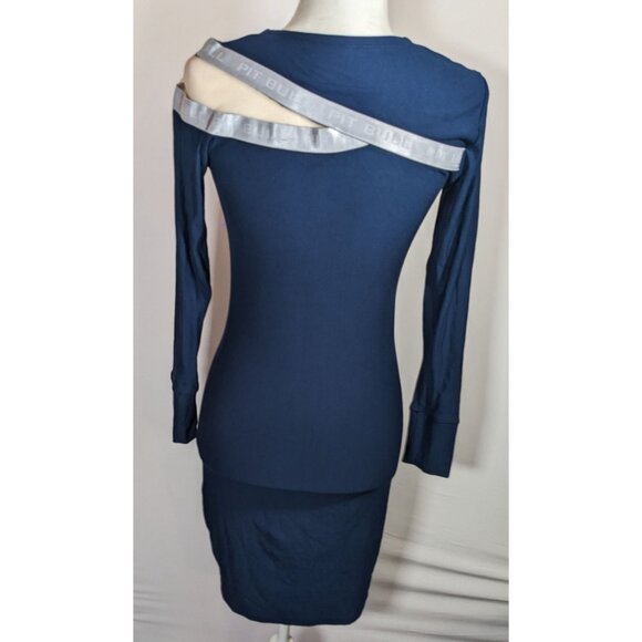 Pitbull Jeans Sporty Blue And Silver Bodycon Dress With Mesh Shoulder Cutout - Picture 6 of 8